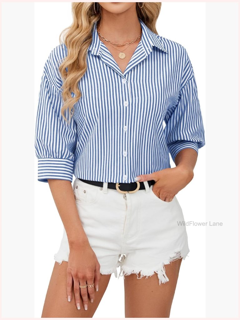 Womens Striped Button Down Shirt 3/4 Sleeve Wrinkle Free Casual Office Blouse